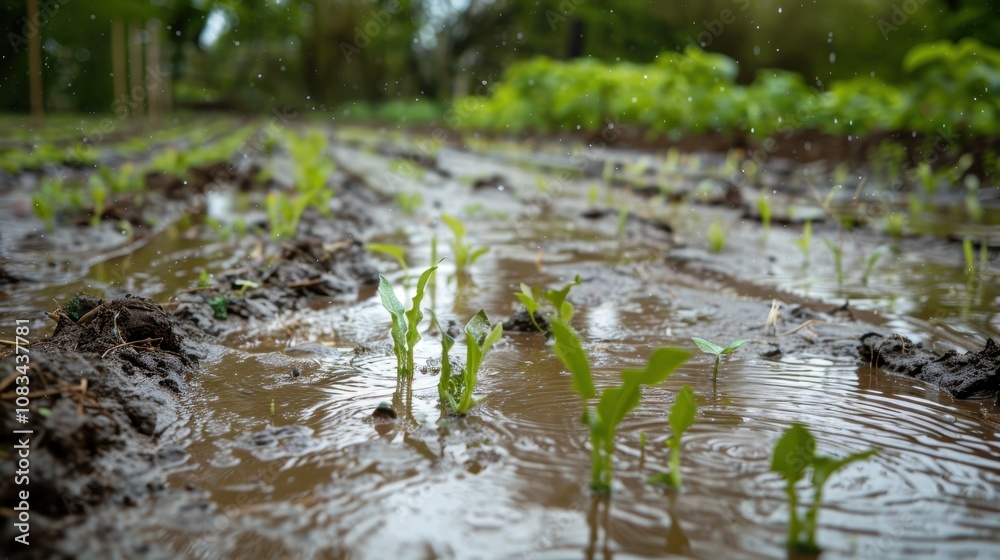 Fototapeta premium Young Plants in a Rainy Field