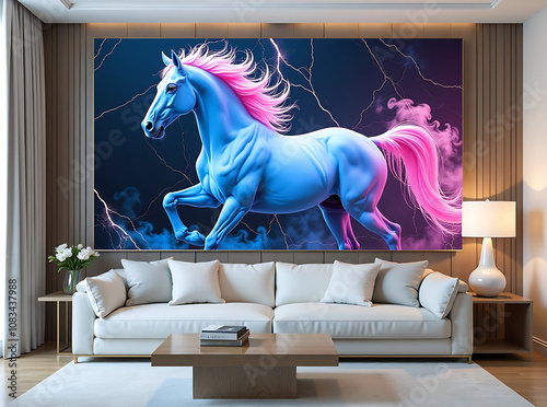 blue pink smoke horse panel wall art, room decoration with luxurious marble background - Generative AI photo