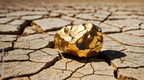 Shiny golden gold nugget on parched, cracked earth, brown soil. wealth value & scarcity in barren drought environment