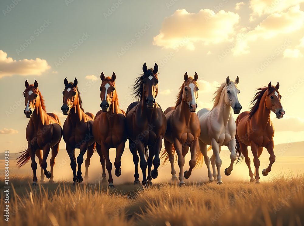Obraz premium High resolution seven horses wall art poster for wall decoration, seven horses images illustration.