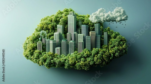 Zeroemission cloud symbol over a green city, ecofriendly tech, 3D illustration photo