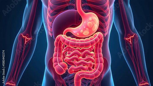 Detailed illustration of the human digestive system showing the stomach, intestines, and surrounding organs in vibrant colors. Generative AI