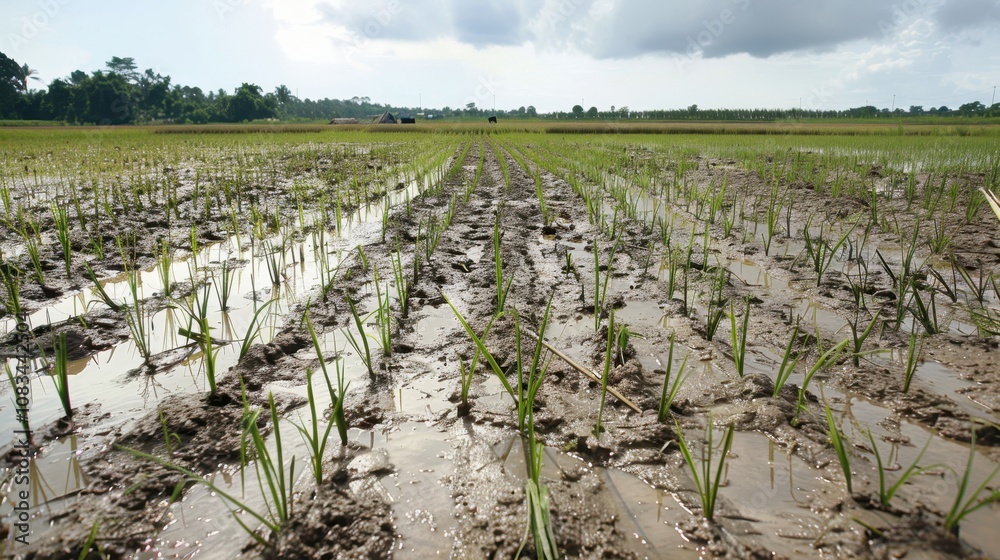 Fototapeta premium Rice Paddy Field: Lush green rice plants sprout from the fertile mud of a flooded paddy field, promising a bountiful harvest. Rows of young rice plants extend towards the horizon under a cloudy sky.