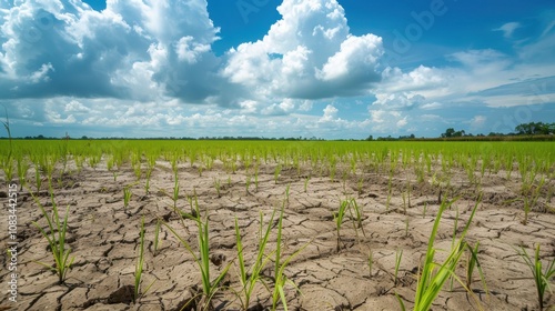 Parched Earth, Hopeful Sprouts: A dramatic landscape photo depicting a cracked, dry earth with young rice plants struggling to grow under a bright, partly cloudy sky.