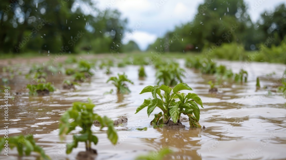 Fototapeta premium Flooded Farmland: Young Plants Struggle in the Rain