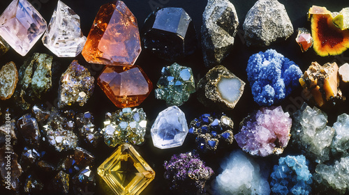 Crystals and stones in a collection of Earth's treasures, rough to polished gems and minerals photo