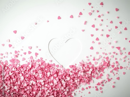 Heart shape pink confetti splash with a white heart-shaped hole in the center for Valentine's Day or love-themed designs, illustration, love