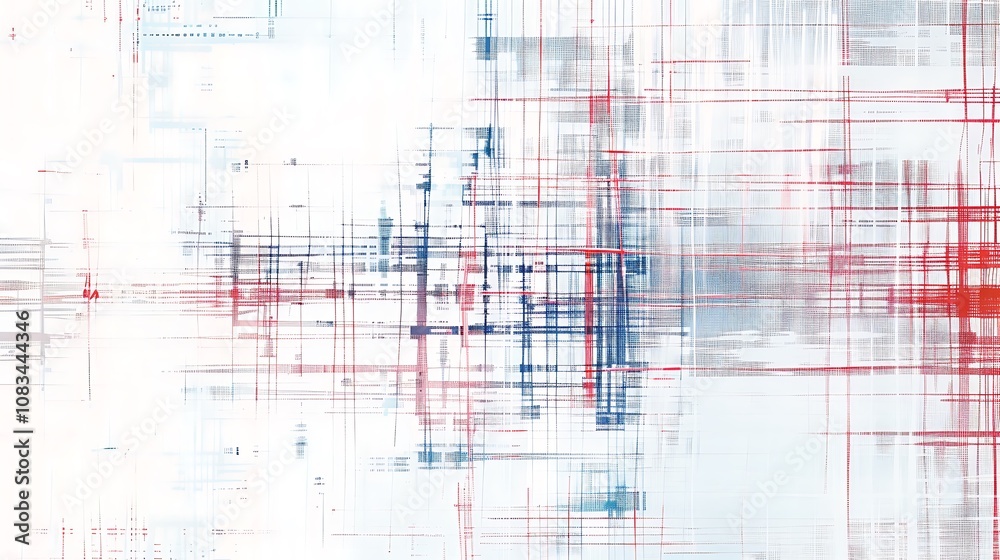 Fototapeta premium Abstract composition with intersecting lines and color gradients in red, blue, and white.