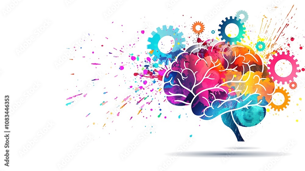 Fototapeta premium A colorful brain illustration symbolizing creativity and innovation with gears and splashes of color.