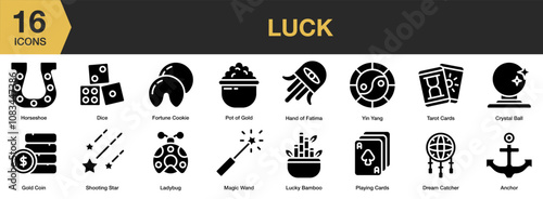 Luck solid icon set. Includes anchor, yin yang, tarot card, shooting star, and More. Solid icons vector collection. photo