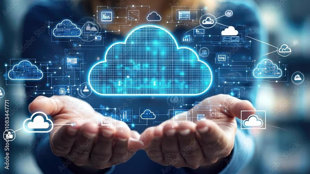 Cloud Computing in Hands: A futuristic image depicting a glowing blue ...