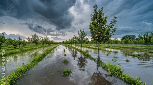Stormy Orchard: A dramatic, flooded orchard with rows of trees stretching into the distance, ominous storm clouds overhead.