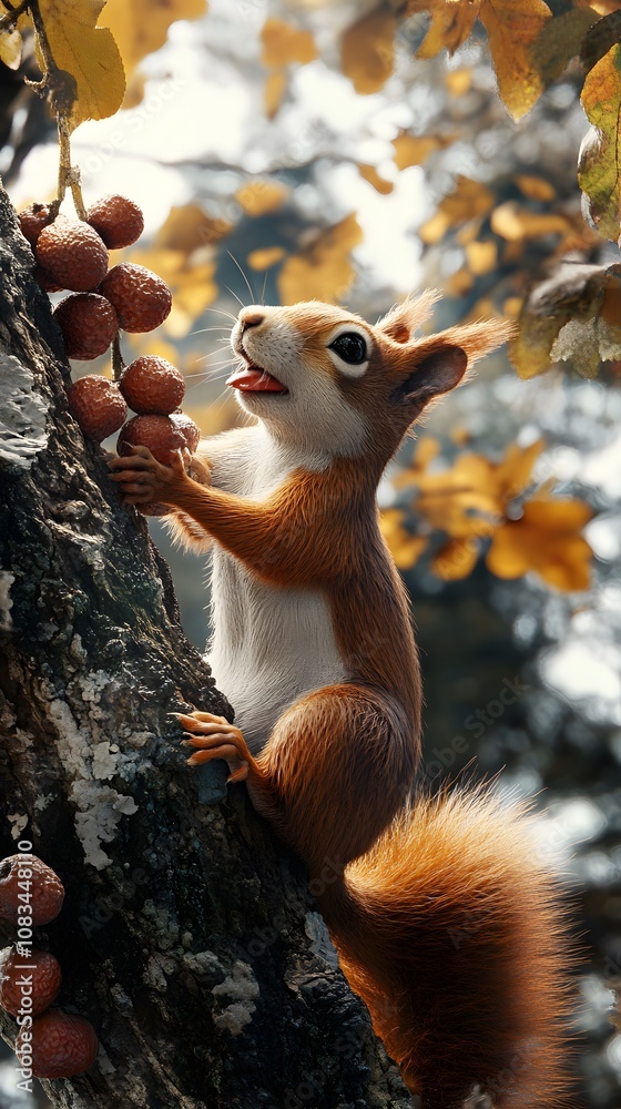 Obraz premium Cute red squirrel eating fruit on a tree.