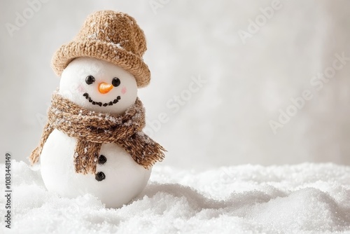 For Christmas,A lovely snowman wearing a scarf and hat, smiling on a snow-covered ground, the snowman stands on  a pure white background, leaving enough area on the other side for the text design.