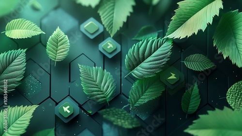 Net zero logo with green leaves and energy icons, 3D illustration photo