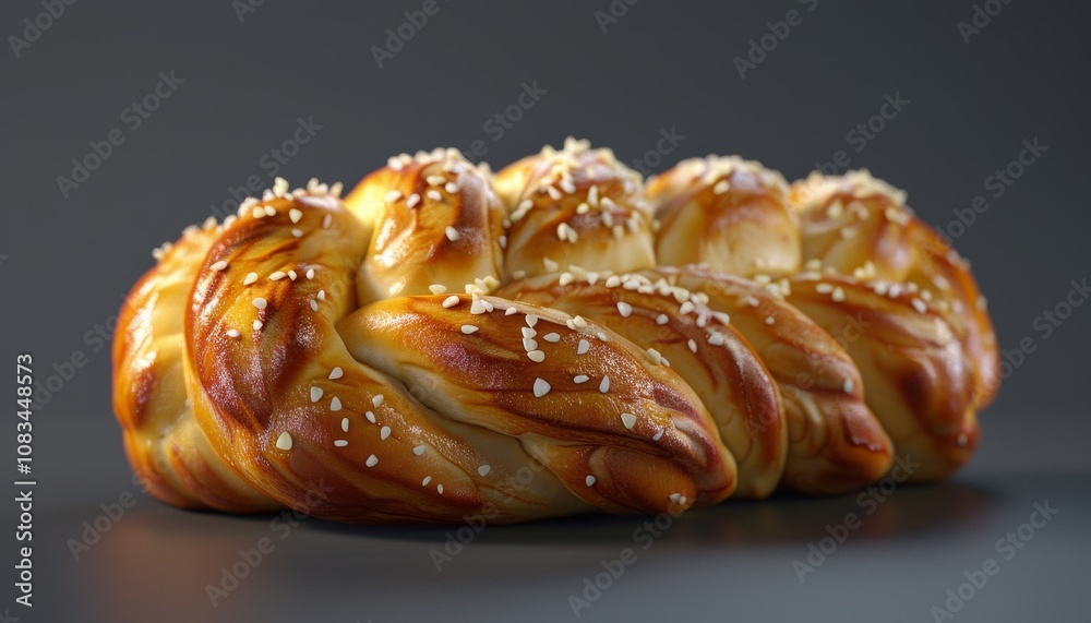 Fototapeta premium A freshly baked braided bread with sesame seeds, shot on a black background.