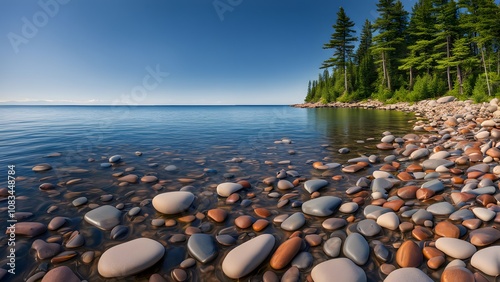 A serene morning on lake superior with smooth stones along the shore crystal clear water and pine, Ai Generated photo