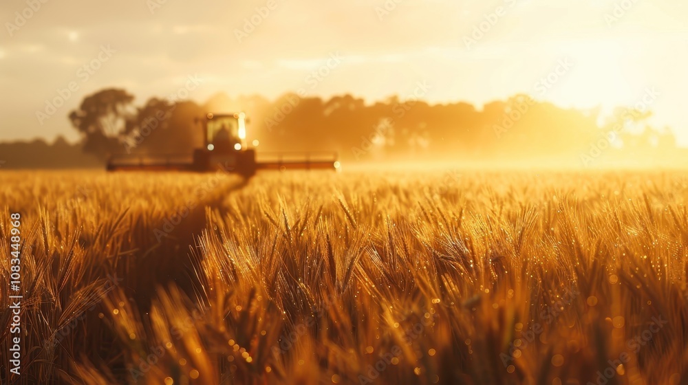 Fototapeta premium Golden Hour Harvest: Tractor working in a field of ripe wheat at sunset. The sun casts a warm golden glow, creating a stunning and peaceful scene. 