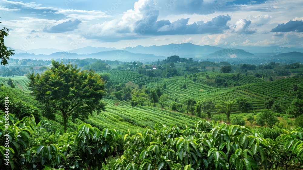 Fototapeta premium Serene Hills, Verdant Landscape: A majestic panorama of rolling hills and lush green tea plantations bathed in the soft glow of a sun-kissed sky.