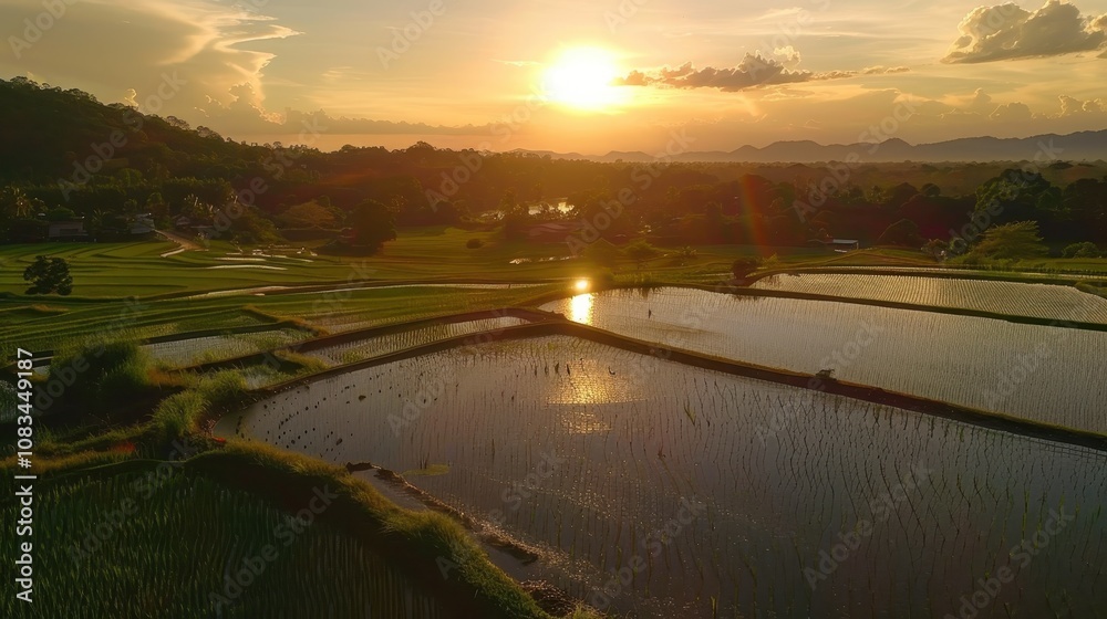 Fototapeta premium Golden Hour Rice Paddies: A breathtaking aerial view captures the golden light of sunset illuminating picturesque rice paddies, creating a serene landscape of tranquility and natural beauty. 