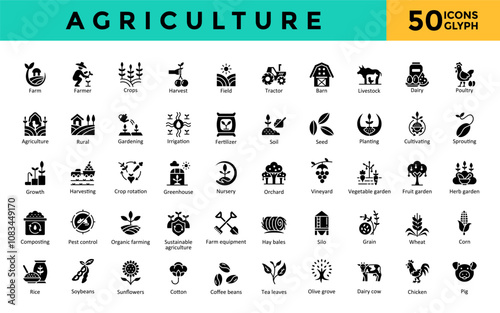 Agriculture icons set with farm, farmer, crops, harvest, field, tractor, barn, livestock, dairy, poultry icon. Simple glyph vector 
