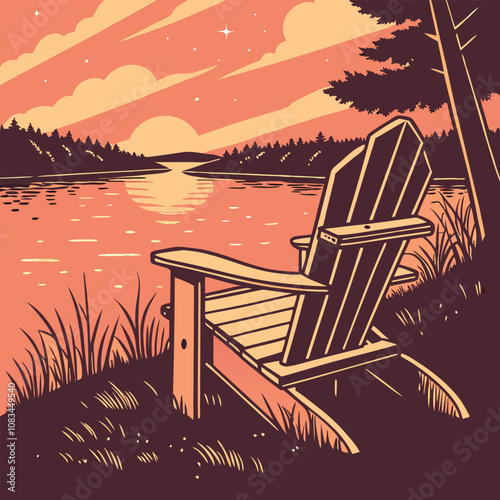 Adirondack Chair Overlooking a Calm Lake at Sunset