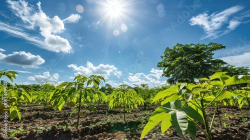 Sunshine and Saplings: A vibrant field of young trees thrives under a bright, sunny sky.  The image evokes a sense of growth, renewal, and the promise of a flourishing future. photo