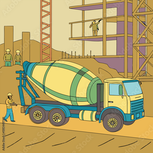 Brightly Colored 12-Wheel Cement Mixer Truck at a Busy Construction Sit