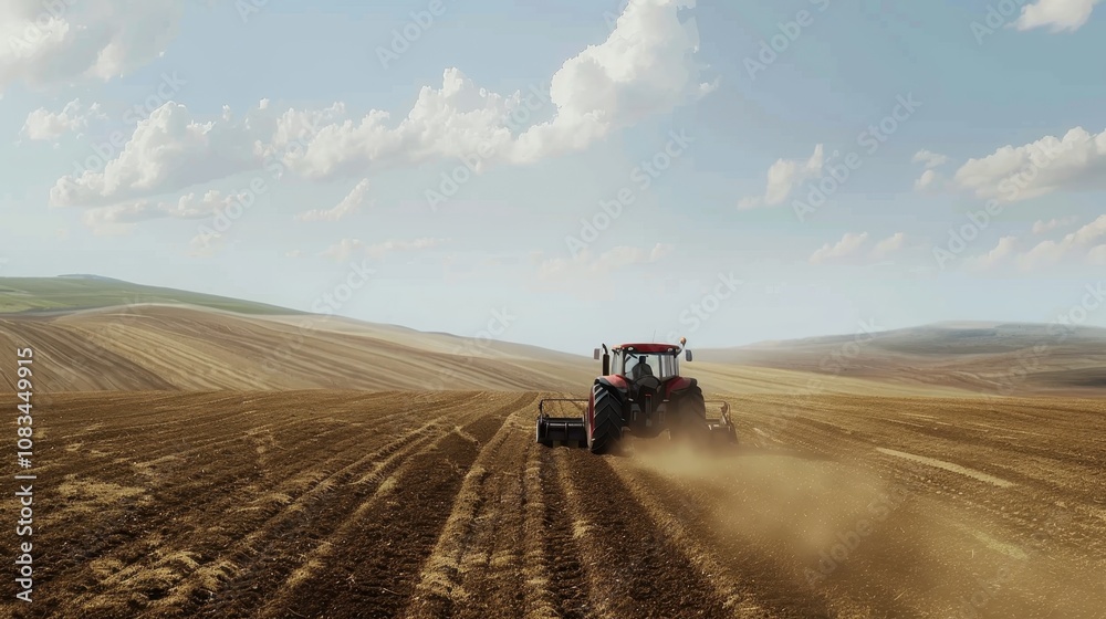 Obraz premium Tractor Plowing Field: A red tractor plows through a vast field, leaving a trail of dust in its wake. The tractor's powerful engine roars as it prepares the land for planting.