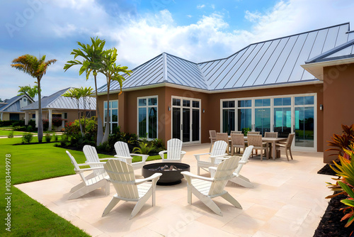 New construction luxury brown house, very neat roof tiles. with patio, on a sunny day.