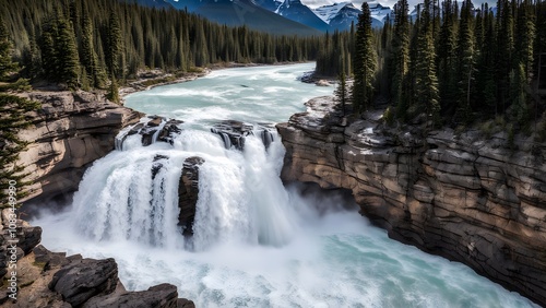 Athabasca falls in jasper national park with rushing water cascading over rocks, Ai Generated photo