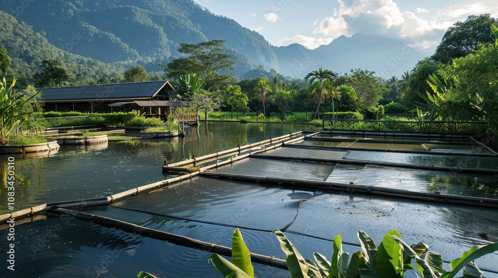 Fototapeta premium Serene Mountain Retreat: Tranquil fish farm nestled in lush green valley with stunning mountain backdrop. A picturesque scene of calm waters and vibrant nature. 