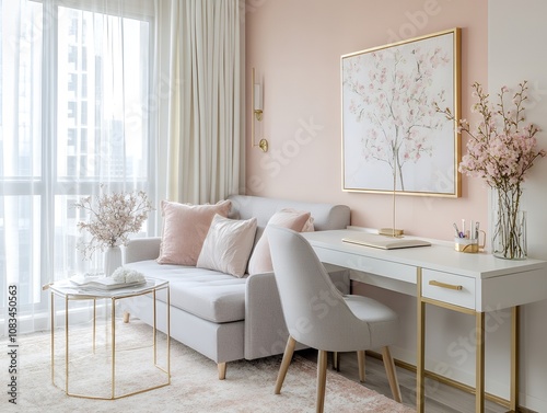 ピンクとゴールドで彩られたエレガントなリビング＆ワークスペース | Elegant Living and Workspace Decorated in Pink and Gold