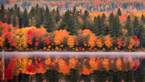 Autumn in algonquin park with vibrant orange red and yellow leaves covering trees calm lakes, Ai Generated