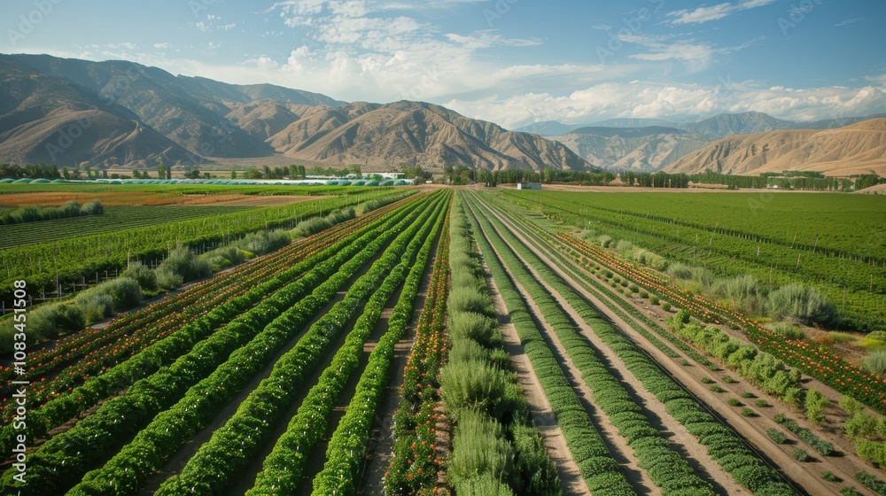Naklejka premium Farmland Serenity: Rows of flourishing crops stretch towards the horizon, framed by majestic mountains under a bright blue sky.