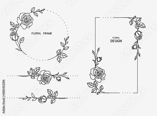 Set of love floral rectangle and circle frame and horizontal divider with line garden rose, leaf, stem and bud. Valentine's day or wedding design elements. Hand drawn sketch. Vector illustration.