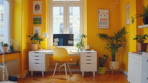 Home office featuring a white desk, yellow walls, and matching decor, energizing work environment photo