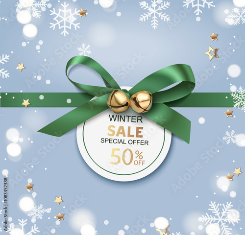 New Year winter and Christmas sale price tags design template. Decorative green bow with golden bell and price tag on blue background with snowflakes. Vector stock illustration.