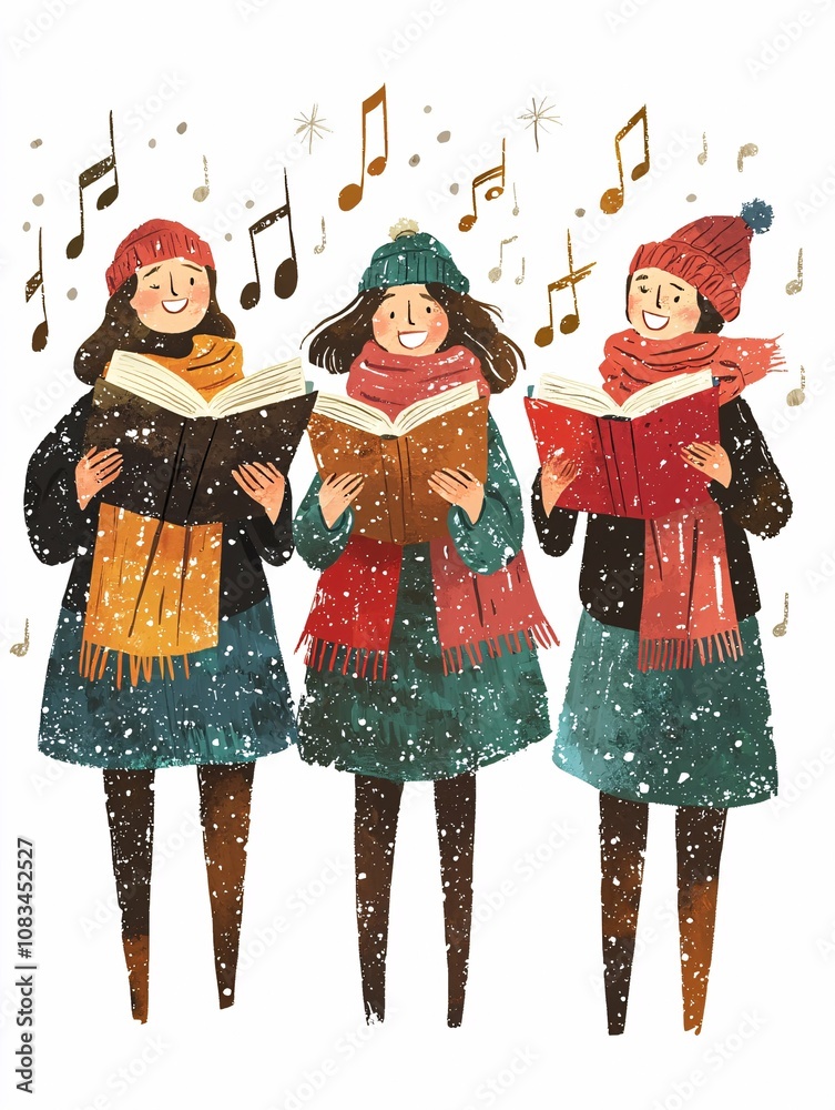 Obraz premium Joyful carolers in winter clothing, holding songbooks and surrounded by musical notes, are depicted in this festive illustration on a white background.