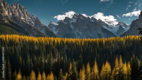 Banff national park in autumn with golden larch trees contrasting against deep green pines, Ai Generated photo