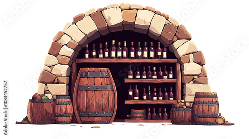 Isolated on a white background, this traditional wine cellar features wooden racks brimming with bottles, evoking an underground ambiance. photo