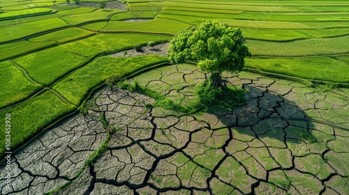 Lone Tree in Drought: An aerial view of a single tree standing resiliently in the midst of a cracked, parched earth. The lush green foliage of the tree contrasts dramatically with the dry. photo