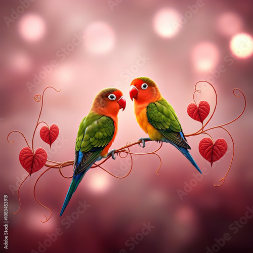Two vibrant lovebirds sitti...