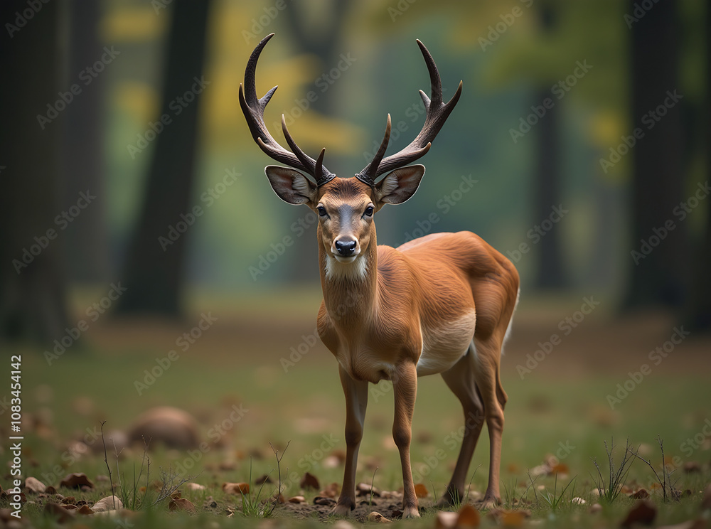 Obraz premium A small deer with large, dark horns stands in a forest clearing, looking directly at the camera.