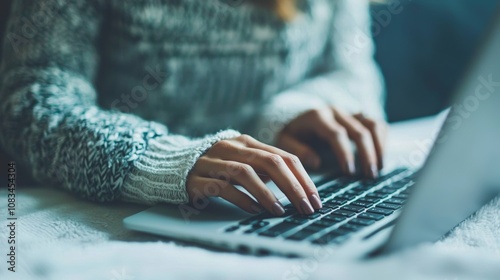 Cozy Home Office Scene with a Focus on Female Hands Typing on a Laptop, Highlighting Productivity and Comfort in a Warm Environment photo