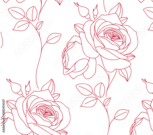 Abstract seamless pattern with line red roses. Beautiful blossoming hand drawn flower on white background. Line art wallpaper. Wrapping, fabric or tile design. Vector stock illustration.