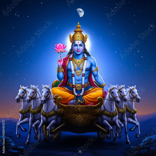 Lord Chandra, radiating lunar energy, seated on his celestial chariot. Revered as the moon god in Hinduism, embodying the qualities of tranquility and beauty photo