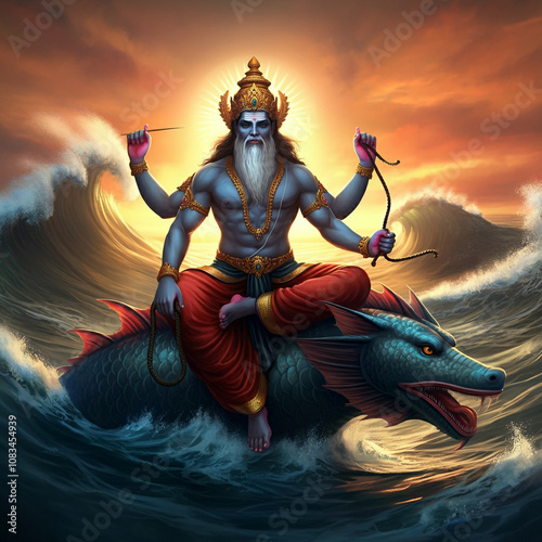 Lord Varuna, the Vedic god of water and cosmic order, riding the Makara (mythical sea creature). Representing rain, oceans, and balance in nature photo