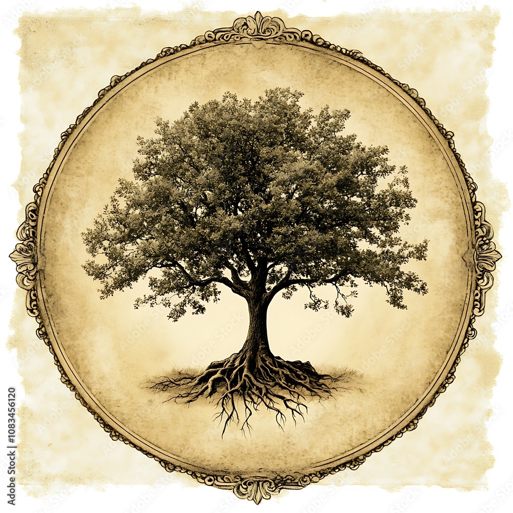 Fototapeta premium Antique frame enclosing sepia drawing of a large tree with exposed roots.