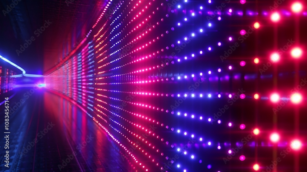 Obraz premium A vibrant tunnel of colorful LED lights creating a futuristic atmosphere.